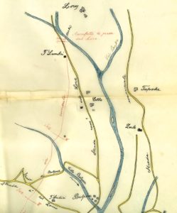 1. Particolare della planimetria del progetto degli ing. P. Chilesotti e A. Marzotto (1904) – focus sulle opere di presa sul torrente Lora